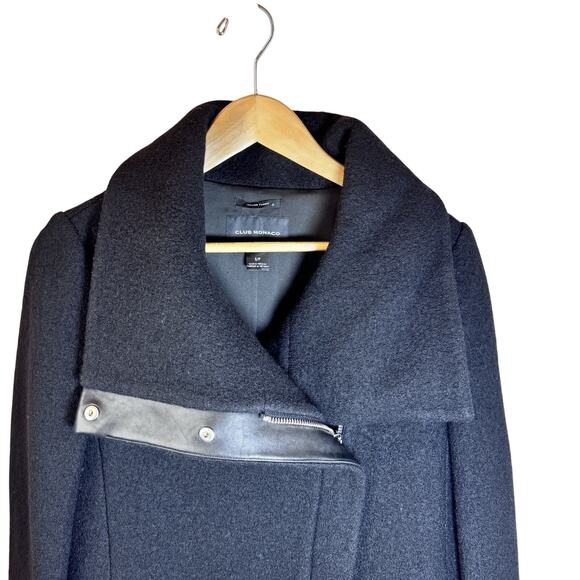 Club Monaco Halli Belted Wool & Leather Asymmetrical Coat Black Small C3931 - Picture 3 of 13